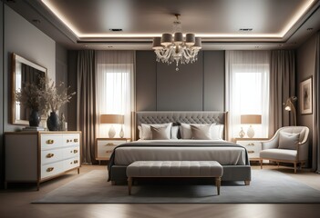Luxurious Modern Bedroom Interior with Elegant Upholstered Bed, Stylish Gold Accents, Ambient Lighting, and a Sophisticated Aesthetic Featuring a Chandelier, Velvet Curtains, and a Cozy Seating Area f