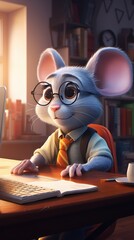 National Preschooler's Day Cute cartoon mouse wearing glasses and tie at office desk