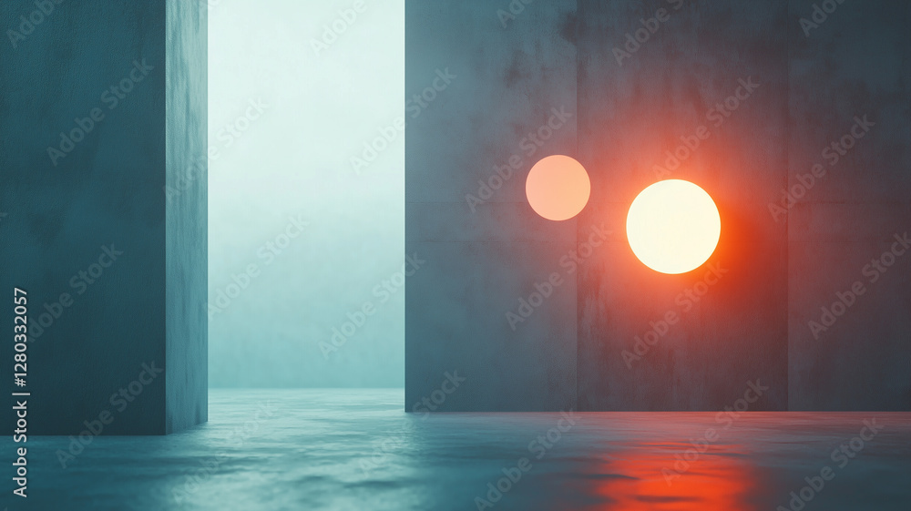 Poster futuristic abstract scene with glowing elements on concrete walls