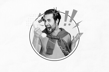 Creative collage image of unsatisfied angry guy black white gamma speak yell cable handset...