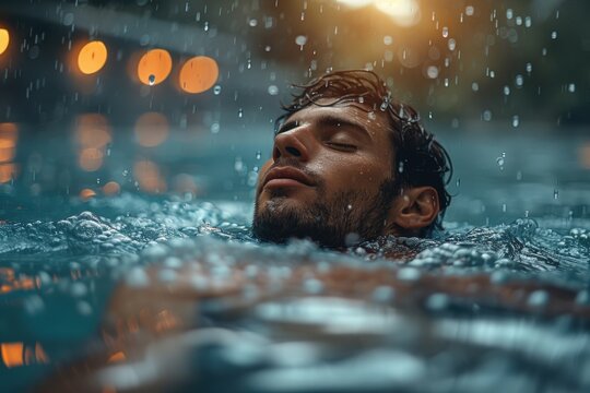 Hombre joven con los ojos cerrados en la piscina mientras llueve. Disfrutando el momento en verano.