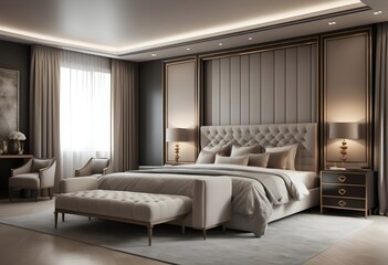 Luxurious Modern Bedroom Interior with Elegant Upholstered Bed, Stylish Gold Accents, Ambient Lighting, and a Sophisticated Aesthetic Featuring a Chandelier, Velvet Curtains, and a Cozy Seating Area f