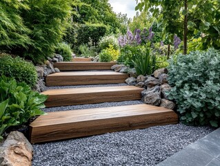 Wooden garden steps leading through landscaped flowerbeds