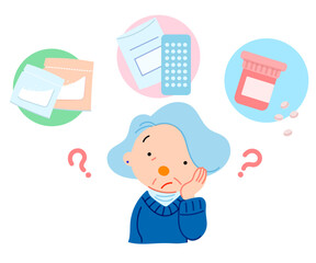 薬を飲んだか分からなくなってしまったシニア女性のイラスト