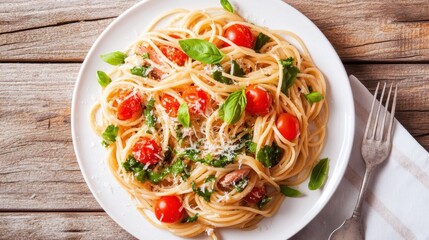 Delicious italian spaghetti with cherry tomatoes and basil on rustic wooden table