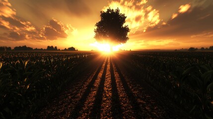 Serene Sunset Over Cornfield Path with Lone Tree Silhouetted Against Vibrant Sky and Golden Rays Shining Through Clouds