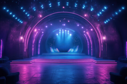 Stage with purple lights and set design featuring a grand staircase, velvet curtains, and golden accents, creating an opulent and captivating atmosphere.
