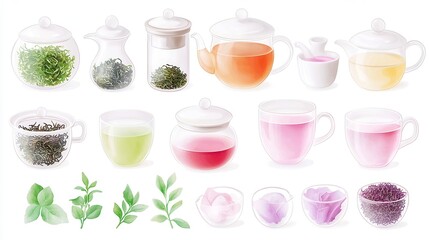 Tea Leaves and Herbal Brews, cozy watercolor illustrations showcasing loose-leaf teas, infusers, and steaming herbal blends, perfect for crafting and design projects