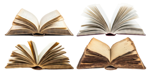 Set of open books with aged pages, isolated on transparent cutout background