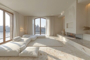 Salón con sofá blanco grande y salón en colores beige con vistas al río y ciudad. Vivienda de lujo con estilo minimalista.