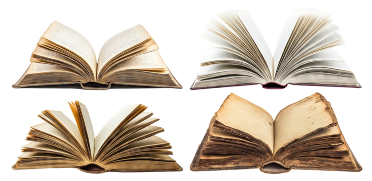 Set of open books with aged pages, isolated on transparent cutout background
