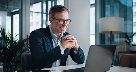 Broker, smile and mature businessman on laptop for finance, tax research and debt management....