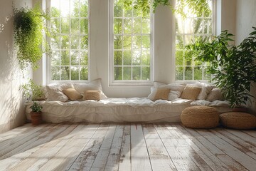 Espacio de descanso en casa con un sofá al lado de la ventana con cojines. Tres ventanales altos blancos con vistas al patio. Zona de confort. 