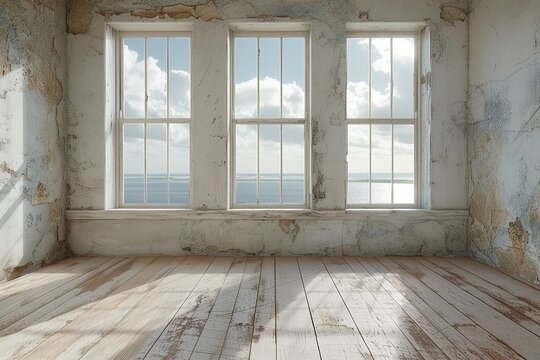 Tres ventanas con vistas al mar desde el interior de una vivienda lista para reformar. Construcci&oacute;n, dise&ntilde;o y arquitectura. 