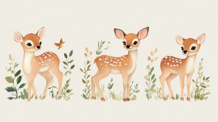 Fototapeta premium Three Adorable Fawn Deer in Watercolor Style Amidst Lush Greenery