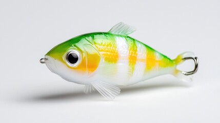 Green-yellow fishing lure, studio shot, white background, angling