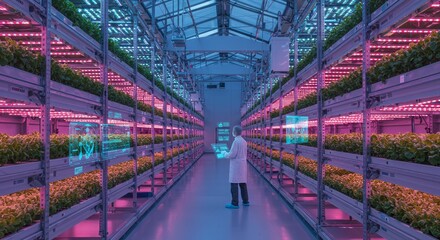 Futuristic agricultural: scientist controlling vertical farm with digital tablet