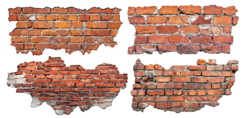 Set of cracked red brick wall fragments, isolated on transparent cutout background