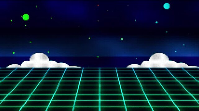 Retro 80s-90s Background, pixel art 8 bit game style.