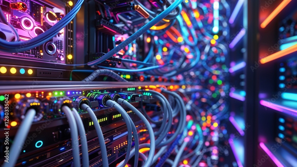 Poster close-up view of network cables connected to tech equipment rack. colorful lights illuminate tech co