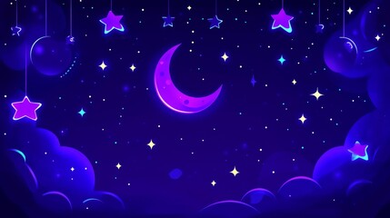 Pixelated dreamscape a nighttime fantasy with crescent moon stars and soft clouds in a soothing blue violet gradient aesthetic scenery