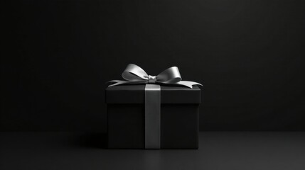 A luxuriously simple black gift box adorned with a refined silver ribbon, elegantly presented against a dark background, perfect for sophisticated gifting occasions.