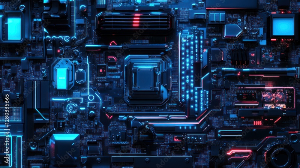 Poster High-tech circuit board with glowing components and intricate designs in a futuristic setting