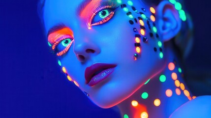 Vibrant Neon Body Art with Colorful Lights on Woman's Face in Creative Artistic Portrait