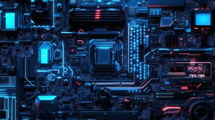 Fototapeta premium High-tech circuit board with glowing components and intricate designs in a futuristic setting