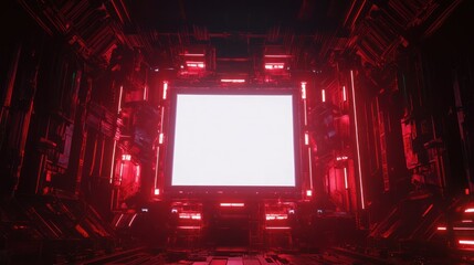 Obraz premium Futuristic digital space with glowing red lights surrounding a blank screen in a tech environment