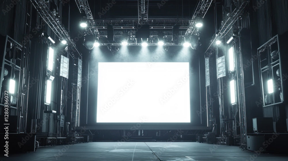Poster empty stage with large screen and bright lights, ready for an event or performance
