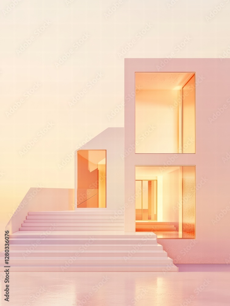 Poster modern minimalism: a pristine modern structure bathed in a gentle, warm light. the building's clean 