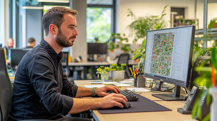 Office worker analyzing geographic data modern workspace digital content indoor environment professional viewpoint