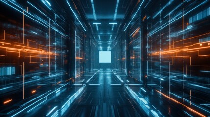 Fototapeta premium Futuristic corridor with glowing lines and a bright square at the end, showcasing advanced technology