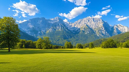 Obraz premium Bright Sunny Day in Alpine Meadow with Majestic Mountain Range