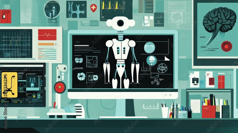 Poster futuristic medical workspace featuring a robot analyzing health data on a computer screen