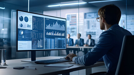 Data analysis role in corporate strategy meetings office environment digital workspace professional viewpoint