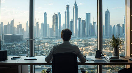 Business professional contemplating growth dubai urban landscape office environment city view modern aspirations