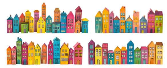 Set of colorful wooden cityscapes with various buildings, isolated on transparent cutout background