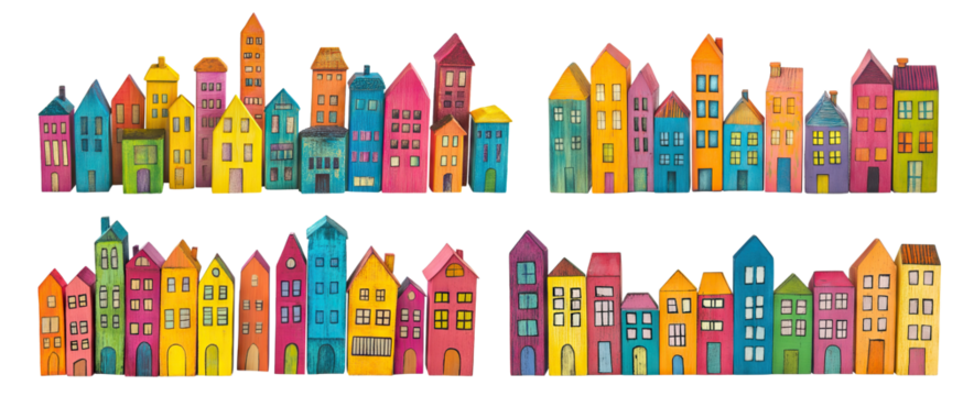 Set of colorful wooden cityscapes with various buildings, isolated on transparent cutout background