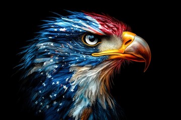 A vibrant illustration of an eagle adorned in red, white, and blue feathers against a black background, symbolizing patriotism, This image is ideal for marketing materials, posters, and presentations
