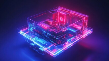 Futuristic computer hardware glowing in vibrant neon colors against a dark backdrop