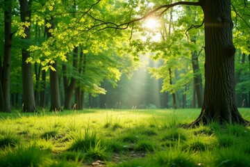 Obraz premium Sunlight shines through trees in a beautiful green forest