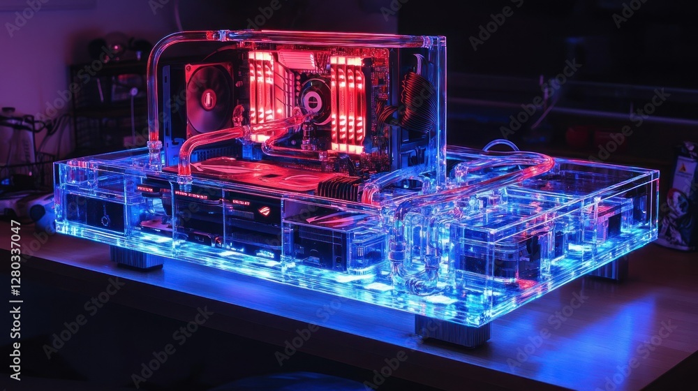 Poster futuristic transparent computer setup with vibrant lighting on a desk, showcasing advanced technolog