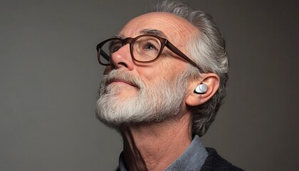 Fototapeta premium Senior man listening to wireless earbuds in studio