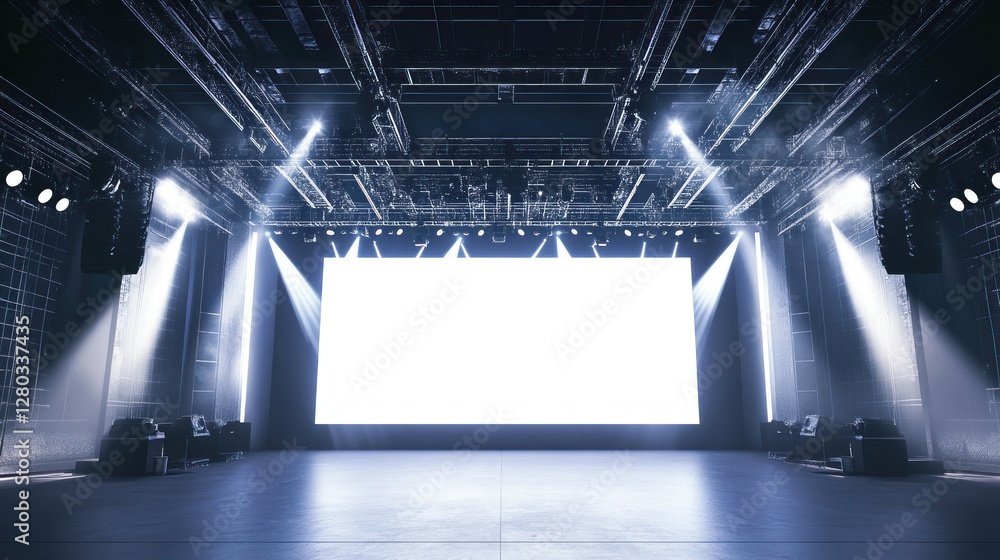 Poster empty stage with bright lights and a large screen, preparing for an event or performance