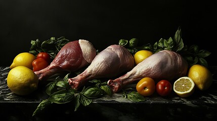 Still Life with Turkey Legs, Lemons, and Basil
