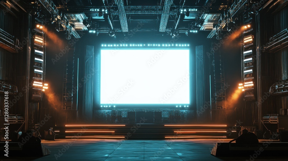Aufkleber empty stage with a large blank screen, illuminated by dramatic lighting in a theater setting