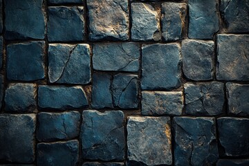 Fototapeta premium A textured stone wall background featuring irregularly shaped dark stones, suitable for graphic design, construction themes, or as a backdrop for creative projects, The design offers a rugged appeal,