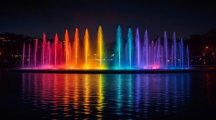 Colorful water fountains lighting up the night in a city park
